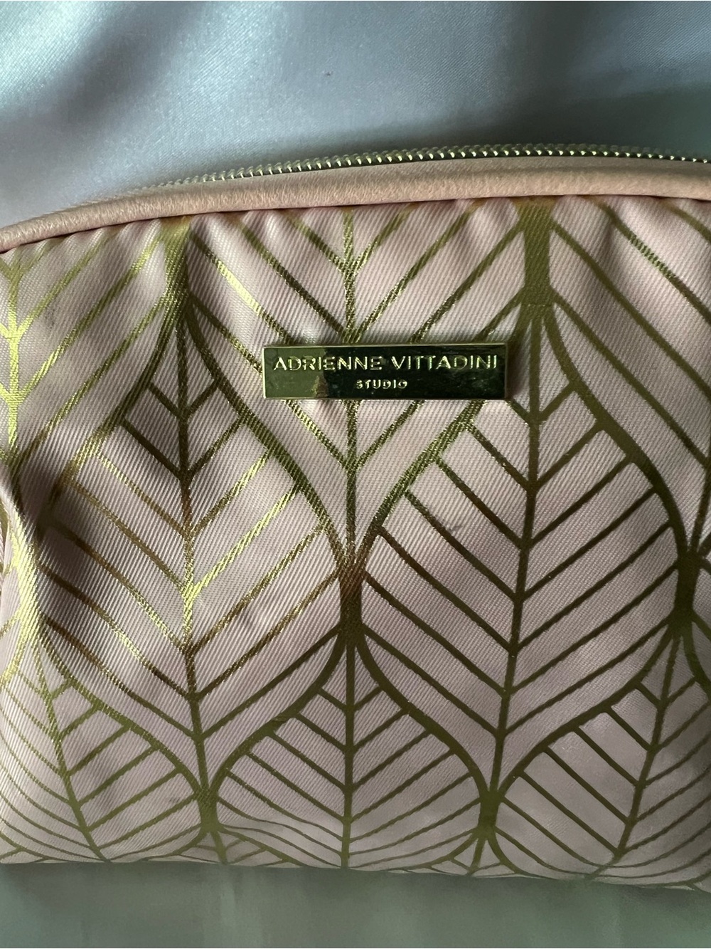 Adrienne Vittadini Pink Cosmetic Pouch with Gold Leaf Motif